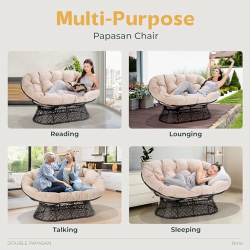 Bme 61" Capacity 600lbs Double Papasan Ergonomic Wicker Papasan Chair with Soft Thick Density Fabric Cushion, Bee-Designed Base, High Capacity Steel Frame, 360 Degree Swivel for Living, Bedroom,...