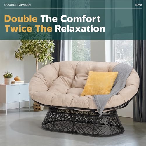 Bme 61" Capacity 600lbs Double Papasan Ergonomic Wicker Papasan Chair with Soft Thick Density Fabric Cushion, Bee-Designed Base, High Capacity Steel Frame, 360 Degree Swivel for Living, Bedroom,...