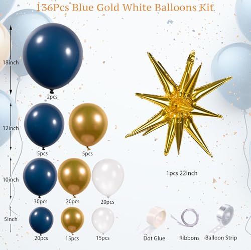 Navy Blue Gold Balloon Garland Kit 137Pcs Dark Royal Blue Gold White Globos Crown Balloon arch Set for Men Birthdays, Baby Showers, Graduations Class of 2024, and Wedding Decor