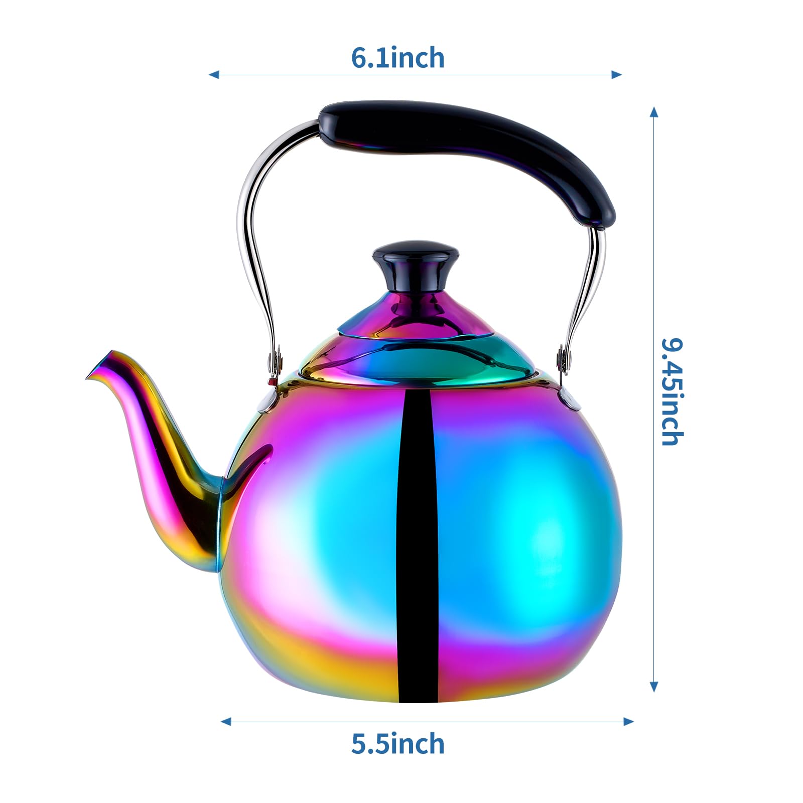 Whistling Tea Kettle for Stovetop Induction Stainless Steel Tea pot Whistle Kettles Gas Stove Top Fast Boiling Water Modern Rainbow Iridescent Color Mirror Finish 2 Quart