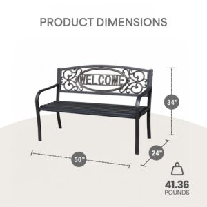 Four Seasons Courtyard Welcome Outdoor Park Bench Powder Coated Steel Frame Furniture Seat for Backyard Garden, Front Porch, or Walking Path, Black