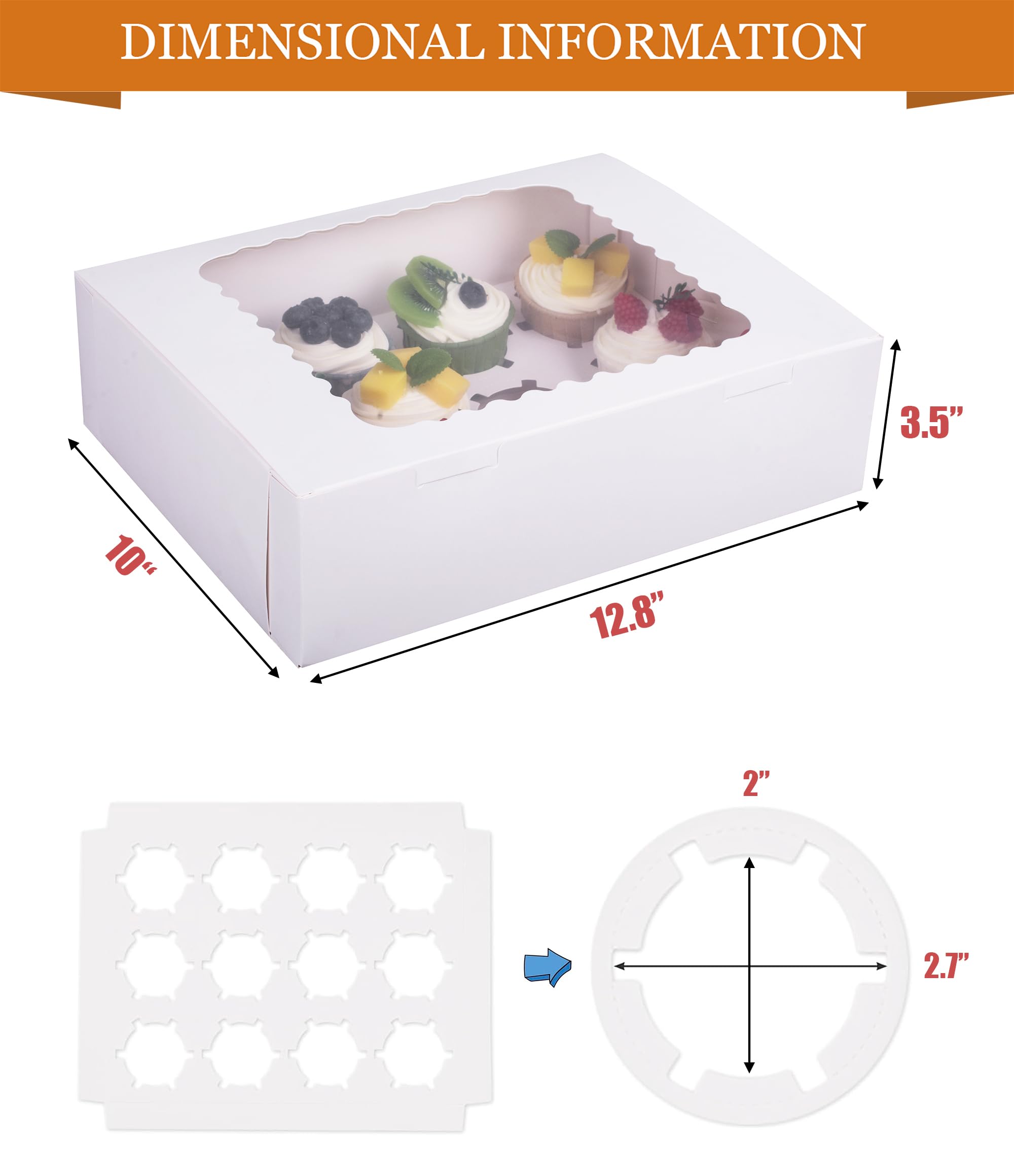 LONGTEAM 6-Set Cupcake Boxes Hold 12 Standard Cupcakes, Food Grade Cupcake Holders Bakery Carrier Boxes with Windows and Inserts for Cupcakes, Muffins and Pastries (White-6 Pack)