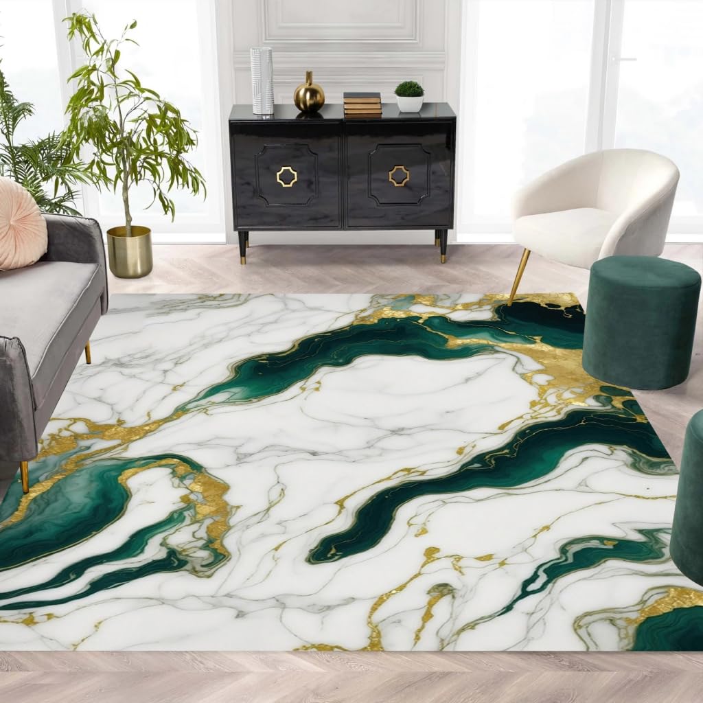 Marble Swirl Modern Abstract Emerald Green Grey Gold Area Rug for Living Room Bedroom Ultra Soft Wool Carpet Under Dining Table Lux Aesthetic Home Office Carpets 5x7