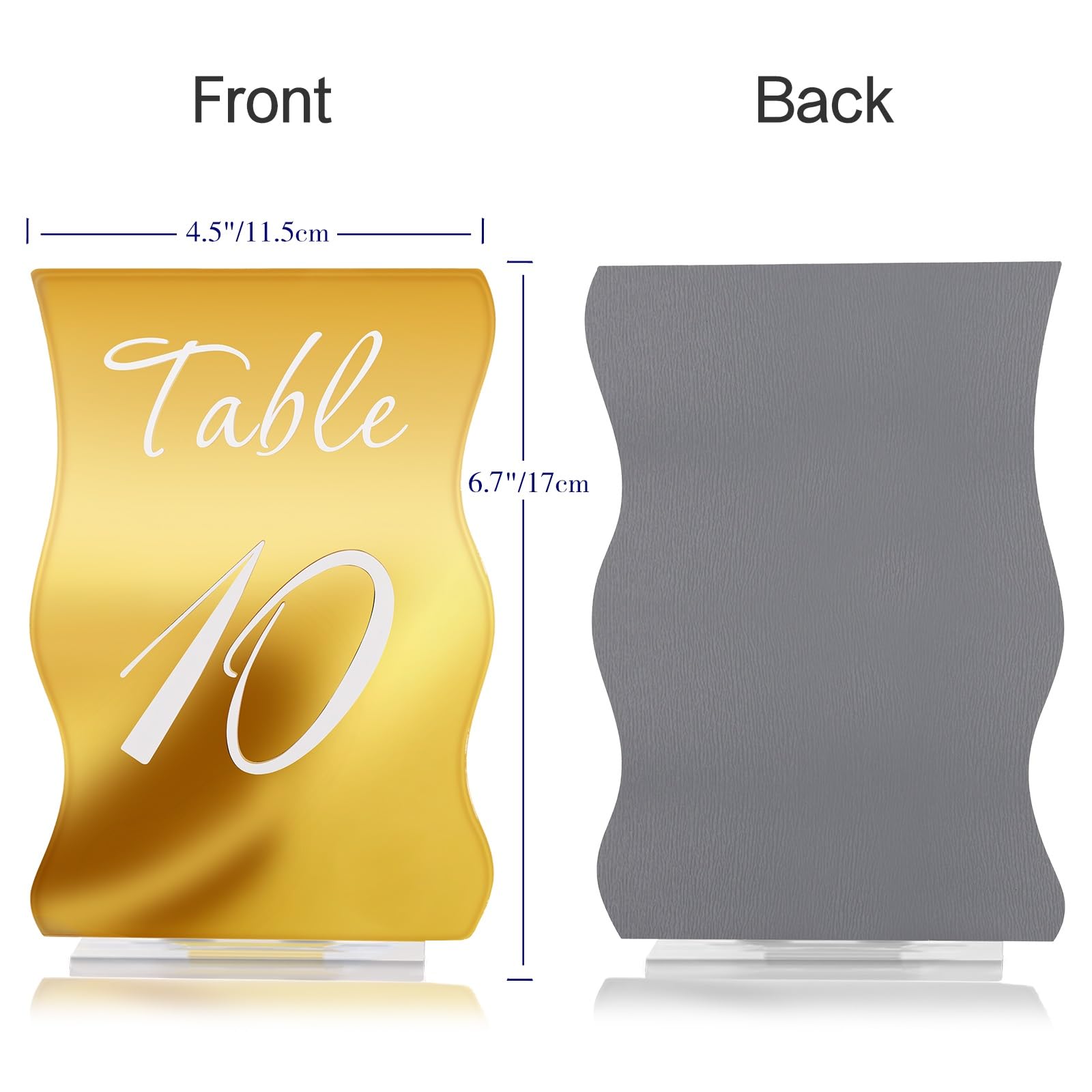 Gold Table Numbers 1-10 with Stands Holders 4.5"x6.7" Wave Elegant Wedding Acrylic Table Numbers Large Modern Mirror Table Number Signs for Party(Gold White Fonts,pack of 10)