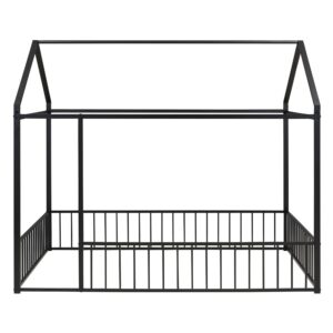 P PURLOVE Full Size Montessori Floor Bed,Full Metal House Bed Frame with Fence Rails for Kids,Montessori Playhouse Beds for Girls Boys Teens, Box Spring Required,Black