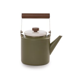 barebones 2-tone enamel teapot - vintage inspired design - baked stainless steel rim - fsc certified natural walnut handle tea kettle - 1.5 liters, 6 cups (olive drab)