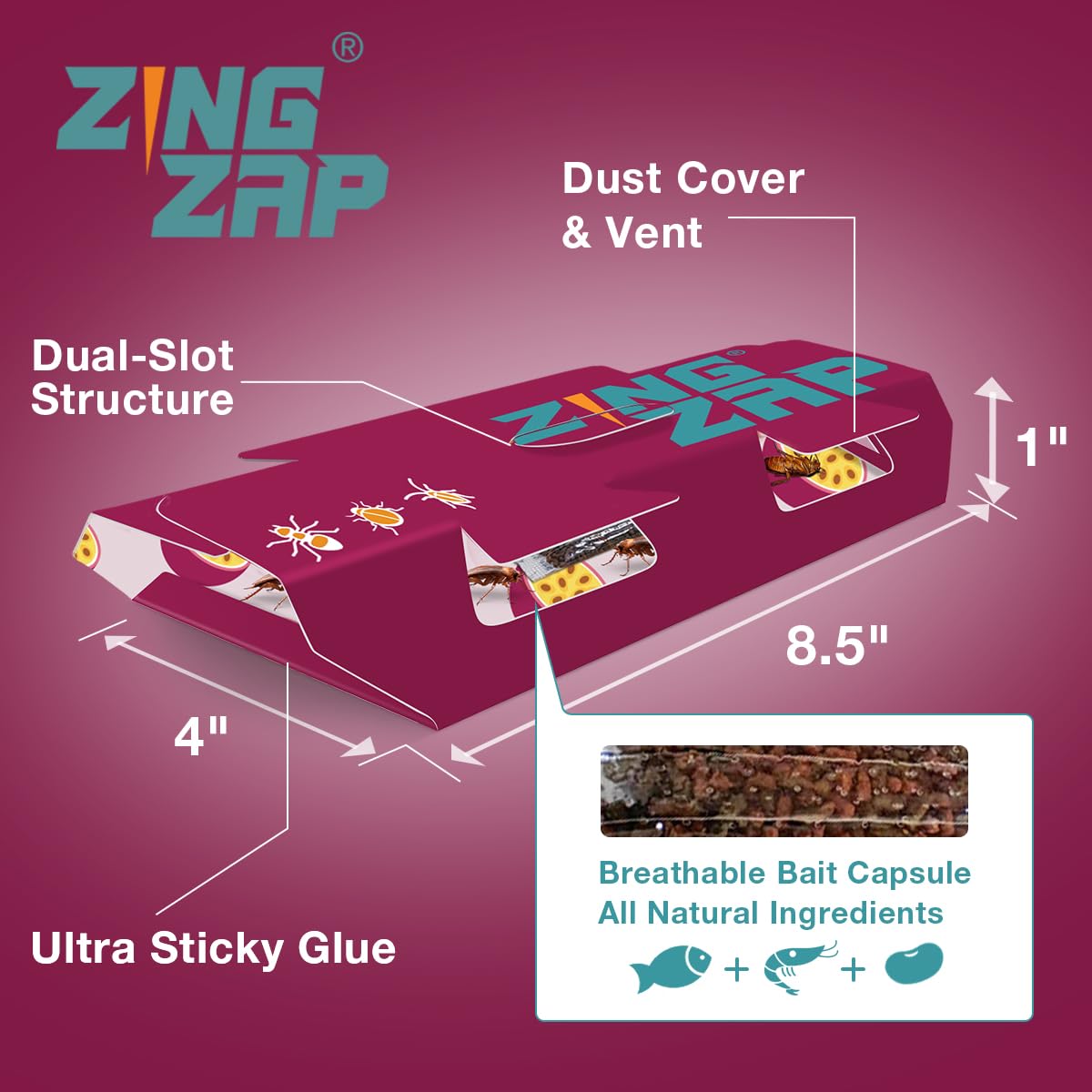 ZingZap Roach Glue Trap Passion Fruit 13-Pack, Capsulated Natural Ingredients Bait, 2X Faster Catch, Sticky Glue Trap for Roaches, Ants, Millipedes, Silverfish & Beetles, Children-&-Pet-Safe