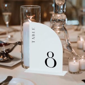 JINMURY 10 Pack White Acrylic Half Arch Sign with Stand | 5x7 Inch Half Arch Acrylic Blank Sign and Base, DIY Wedding Table Numbers, Wedding Signage, Events& Parties (Half Arch, 5x7 Inch)