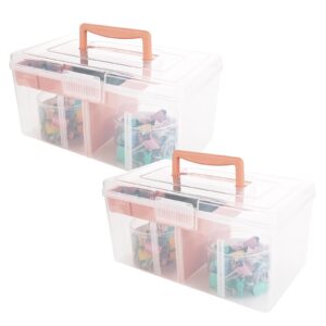 gbachoose 2pcs plastic dividing storage box with removable tray, 11.4x6.3x5.7 inch multipurpose storage box with handle portable for sewing, art craft, medicines, supply organizer (large pink)