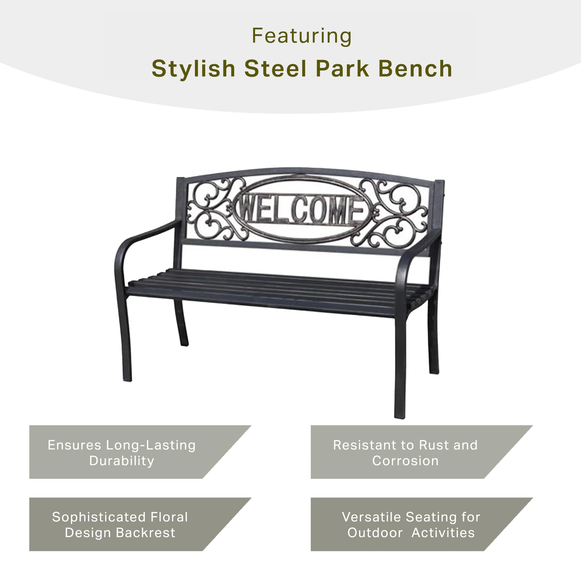 Four Seasons Courtyard Welcome Outdoor Park Bench Powder Coated Steel Frame Furniture Seat for Backyard Garden, Front Porch, or Walking Path, Black