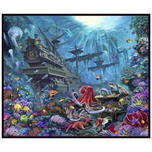 generic treasures at sea sunken ship and colorful sea life cotton fabric panel 36 x 44 inches qt, by the yard, blue