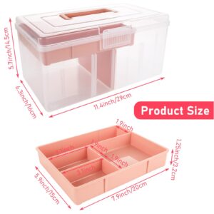 GBACHOOSE 2PCS Plastic Dividing Storage Box with Removable Tray, 11.4x6.3x5.7 Inch Multipurpose Storage Box with Handle Portable for Sewing, Art Craft, Medicines, Supply Organizer (Large Pink)