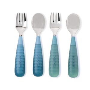 numnum toddler utensils, pre-spoon, fork & spoon gootensils - 4th stage silverware for kids aged 2+ years w/stainless steel heads - silicone food feeding supplies - set of 4, pacific blue & sea green