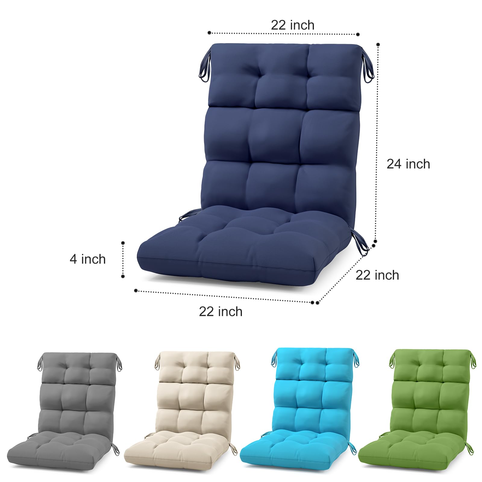 PATIOASIS Rocking Chair Cushion Tufted Adirondack Chair Cushion Non-Slip High Back Patio Chair Cushions Water-Resistant UV-Proof Navy Blue Indoor & Outdoor Furniture Cushions for Chair