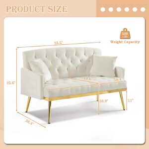 Small Velvet Loveseat Sofa, 55.5-inch Modern Sofa Couch with with 2 Side Pockets, Modern Tufted Sofa with Golden Metal Legs, Upholstered Space Saving Love Seat for Living Room, Bedroom, Office, Beige