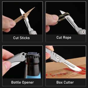 Folding Scalpel Knife with 10pcs #24 Replaceable Blades, Small Pocket Knife for Men with Bottle Opener, EDC Utility knife, Slim Razor Knife, Surgical Keychain Knives for Outdoor Skinning (Grey)