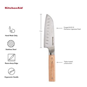 KitchenAid Premium 5-Inch Forged Santoku Knife - AUS-10 Damascus Steel Blade, Triple Rivet Pakkawood Handle, Sharp Kitchen Knife, Natural