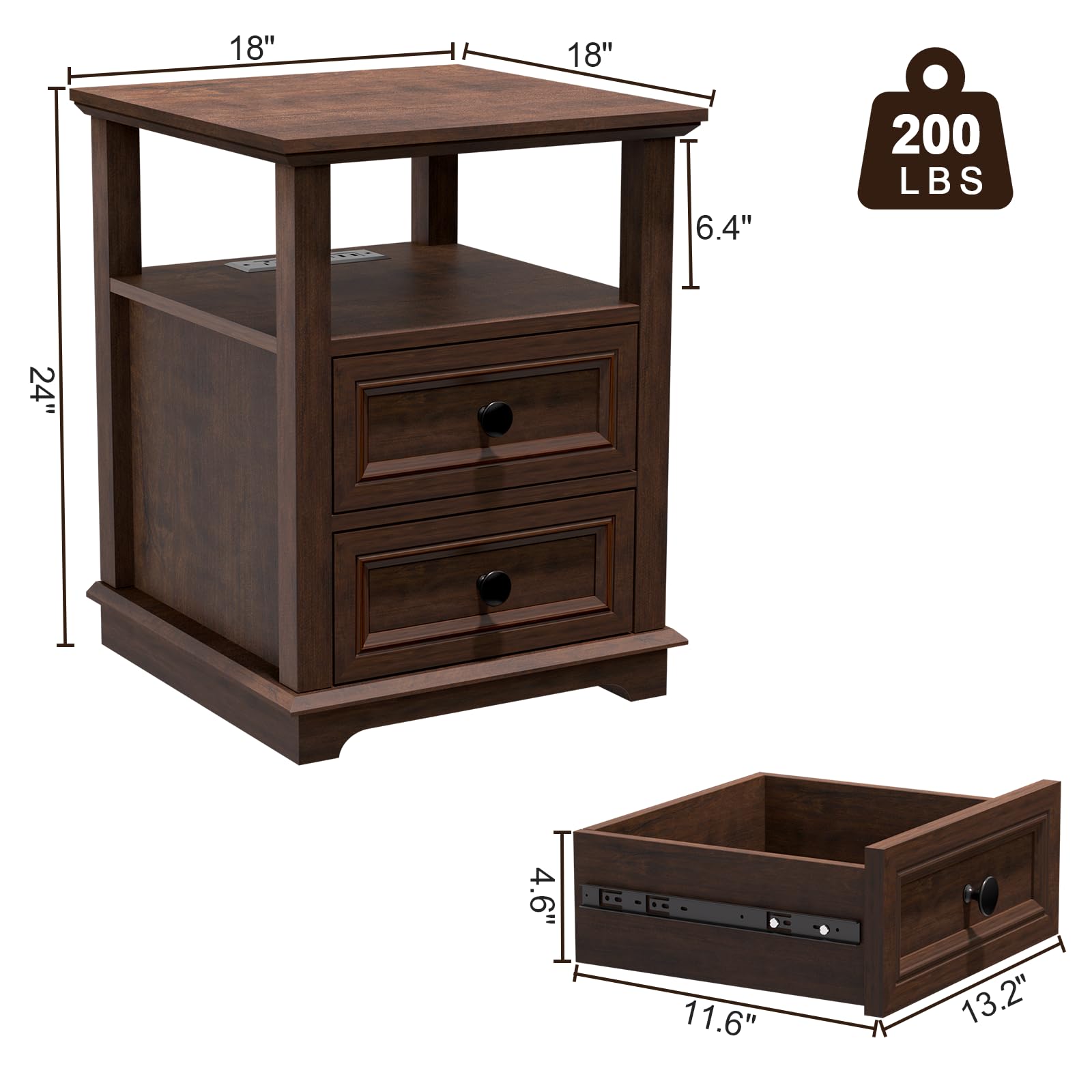 REDAYFUR 24" Tall End Table with Charging Station, Double 18W Fast Charge End Table, Large 18” Bedside Table with Drawers,Rustic Wood Storage Cabinet with Open Shelf for Bedroom,Cherry