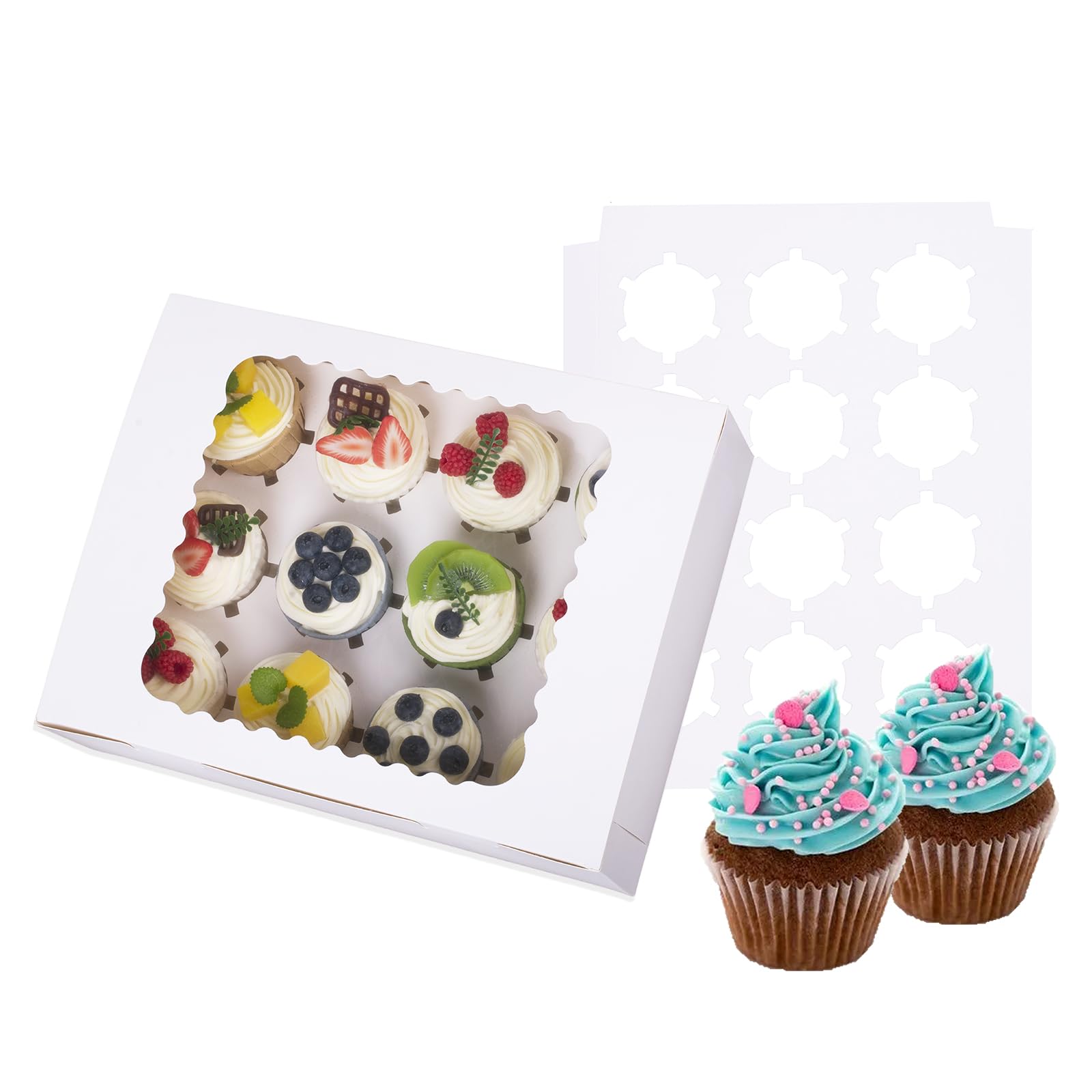 LONGTEAM 6-Set Cupcake Boxes Hold 12 Standard Cupcakes, Food Grade Cupcake Holders Bakery Carrier Boxes with Windows and Inserts for Cupcakes, Muffins and Pastries (White-6 Pack)