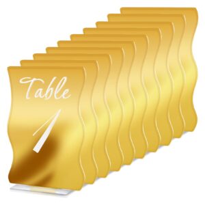 Gold Table Numbers 1-10 with Stands Holders 4.5"x6.7" Wave Elegant Wedding Acrylic Table Numbers Large Modern Mirror Table Number Signs for Party(Gold White Fonts,pack of 10)