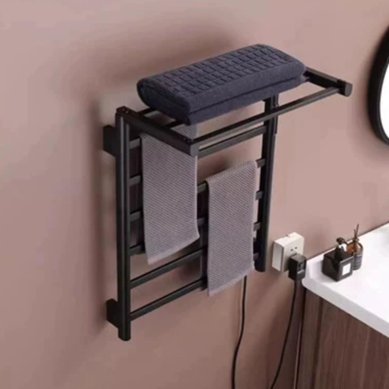 Bathroom Wall Heater,The top can be Folded 90°,Wall Mounted Towel Rack,304 Stainless Steel Heated Towel Rail,Bathroom Wall Mounted Towel Rack,Suitable for Bathroom, Kitchen (Color : Black)