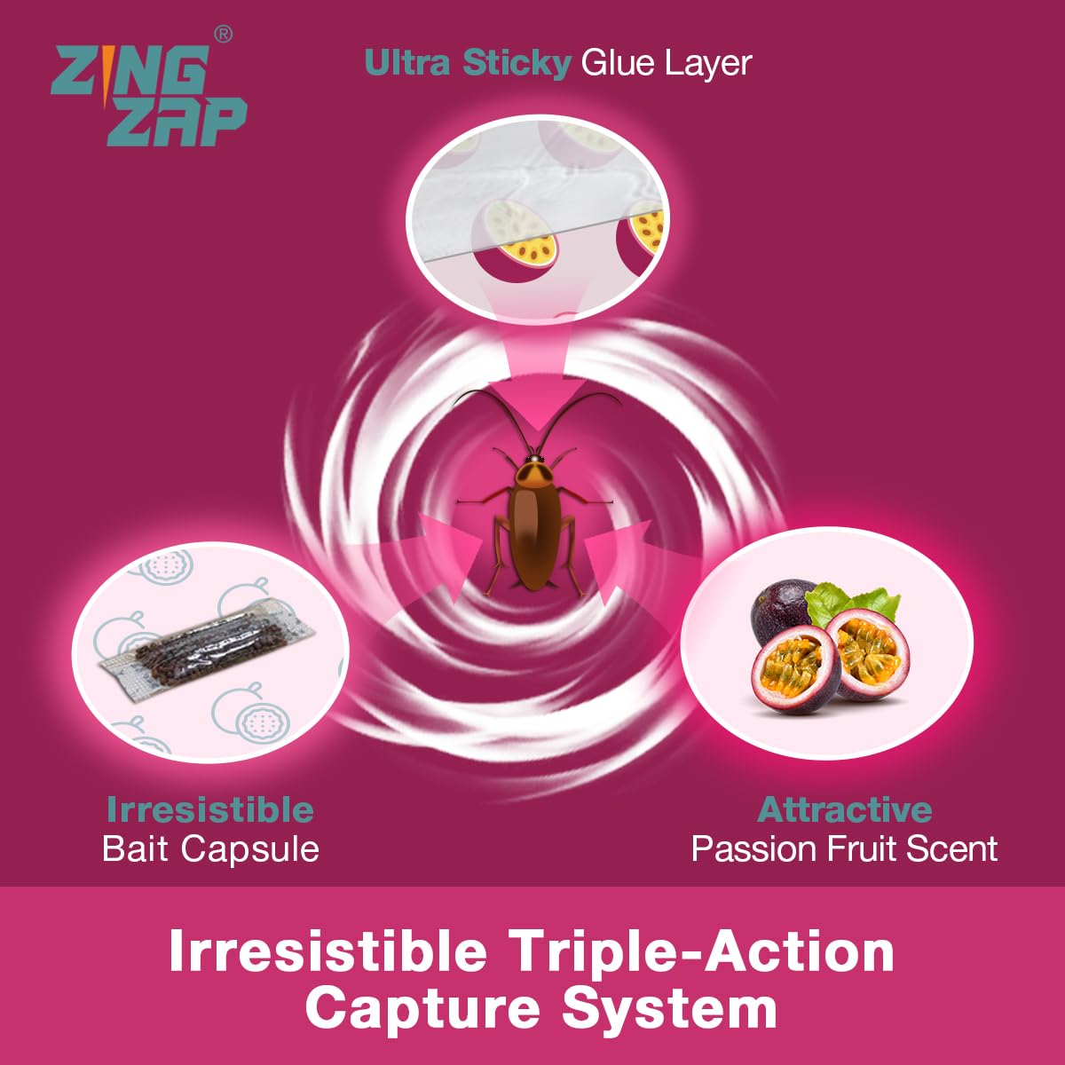 ZingZap Roach Glue Trap Passion Fruit 13-Pack, Capsulated Natural Ingredients Bait, 2X Faster Catch, Sticky Glue Trap for Roaches, Ants, Millipedes, Silverfish & Beetles, Children-&-Pet-Safe