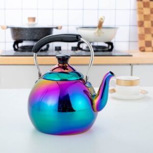 Whistling Tea Kettle for Stovetop Induction Stainless Steel Tea pot Whistle Kettles Gas Stove Top Fast Boiling Water Modern Rainbow Iridescent Color Mirror Finish 2 Quart