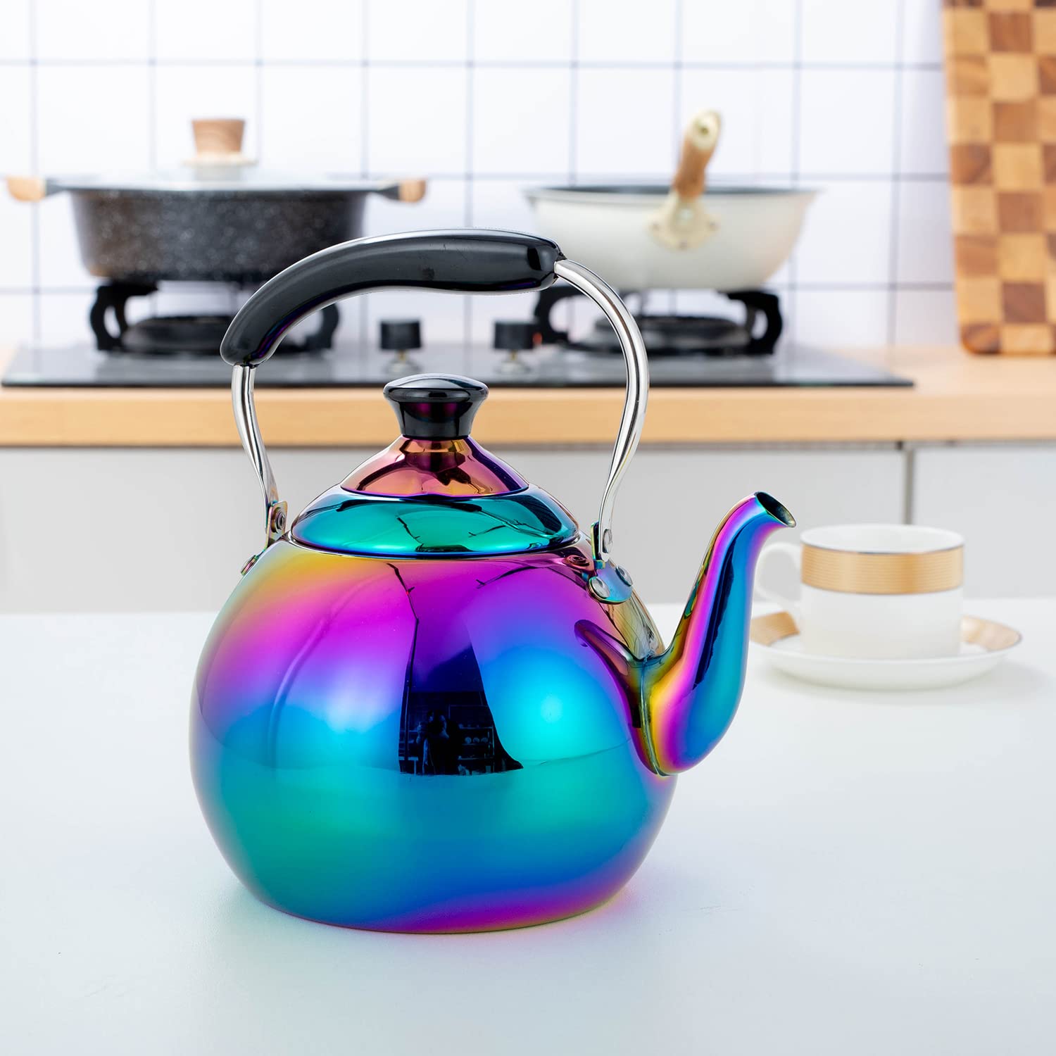 Whistling Tea Kettle for Stovetop Induction Stainless Steel Tea pot Whistle Kettles Gas Stove Top Fast Boiling Water Modern Rainbow Iridescent Color Mirror Finish 2 Quart