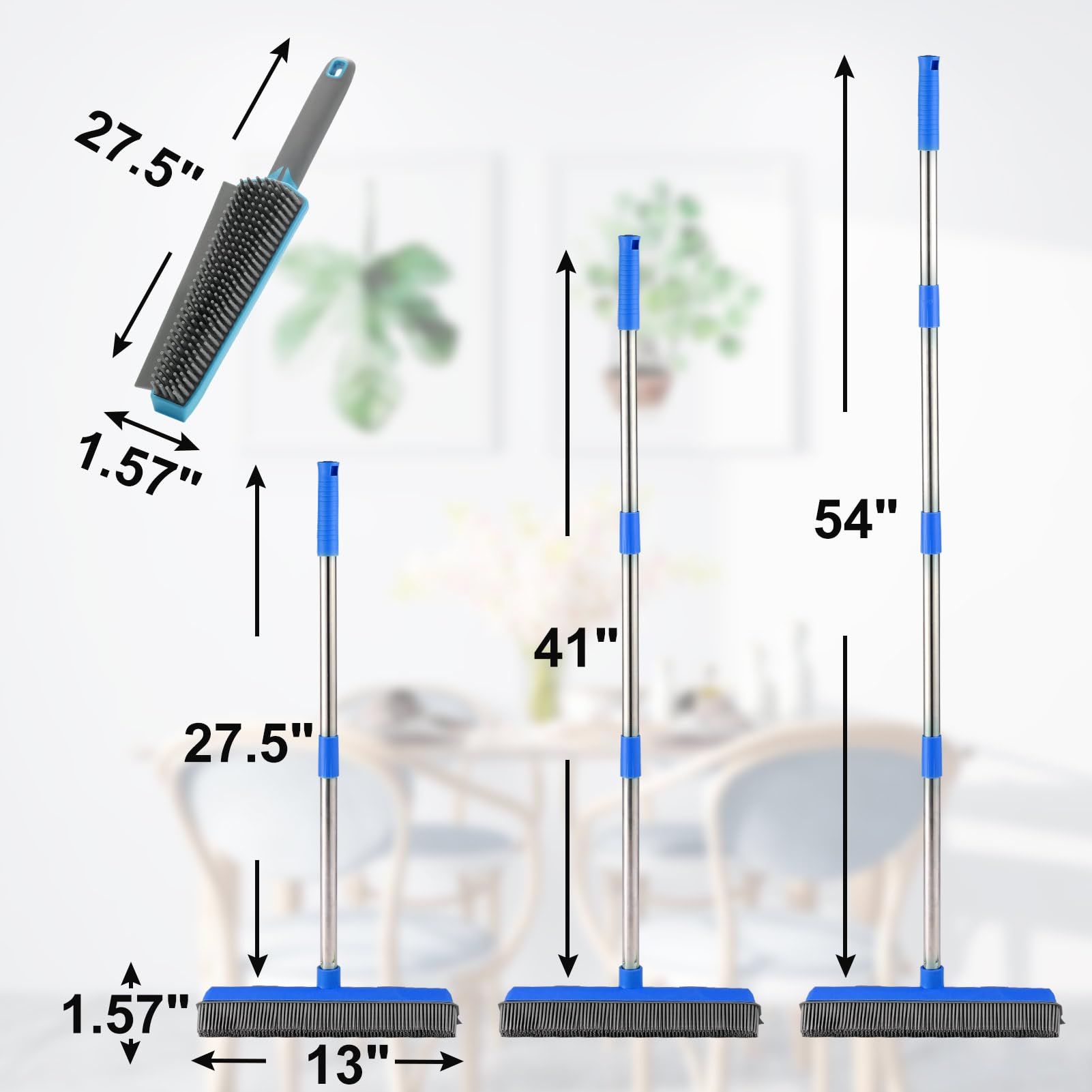 Rubber Broom Carpet Rake for Pet Hair Remover, Fur Remover Broom with Squeegee, Portable Detailing Lint Remover Brush, Pet Hair Removal Tool for Fluff Carpet, Hardwood Floor, Tile, Window (Blue)