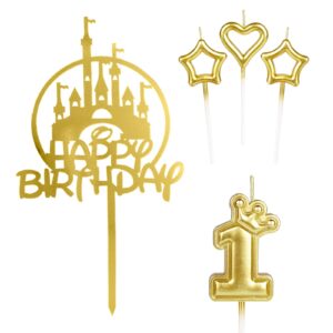 ininger girls happy 1st birthday candles cake toppers,gold castle cake topper,crown number 1 candle for cake,candles cake cupcake topper for baby birthday party decorations 1st wedding anniversary