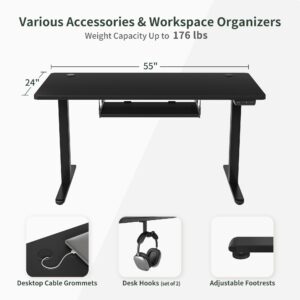 BANTI 55" x 24" Height Adjustable Electric Standing Desk with Keyboard Tray, Sit Stand up Desk with Splice Board, Black Frame/Black Top