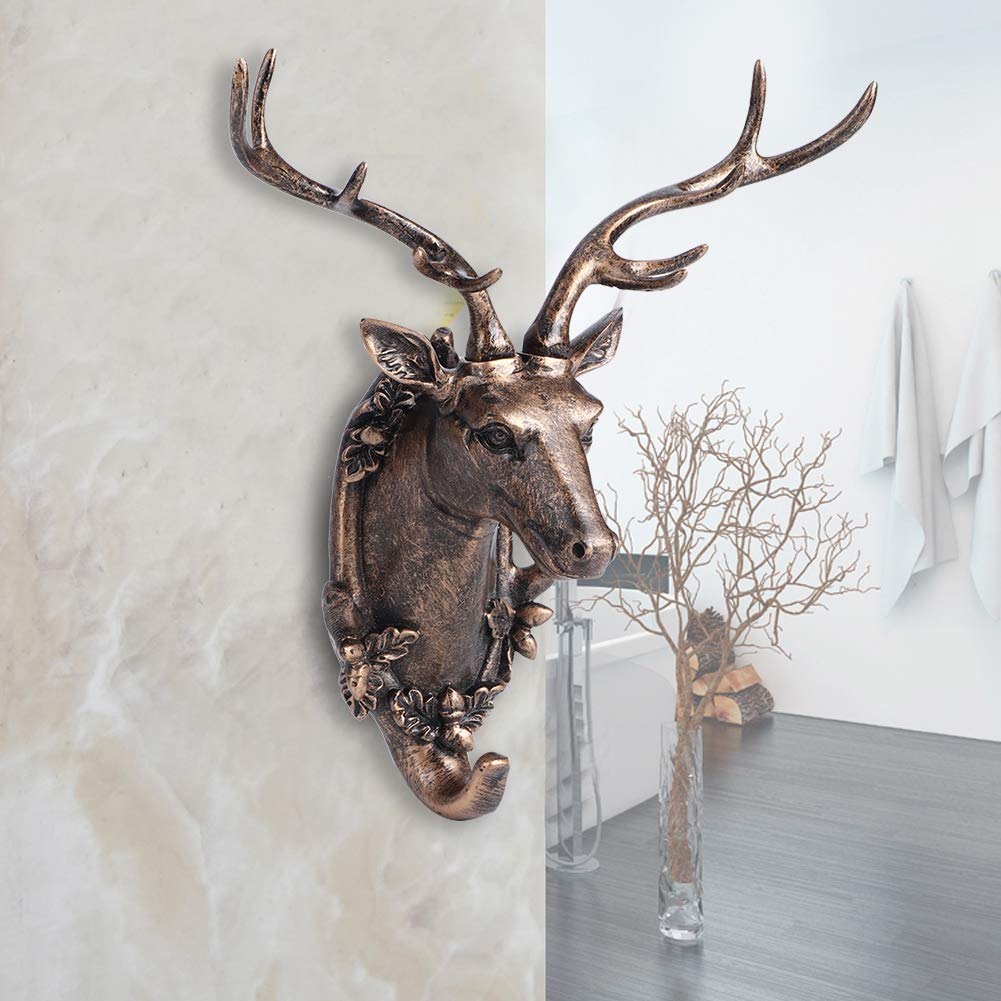 LiebeWH Animal Head Shape Hook Hanging Hook Hook Bathroom Wall Towel Hanging Hook Coat Hat Keys Hanger Mural Decoration (Deer Head (Antique Gold))