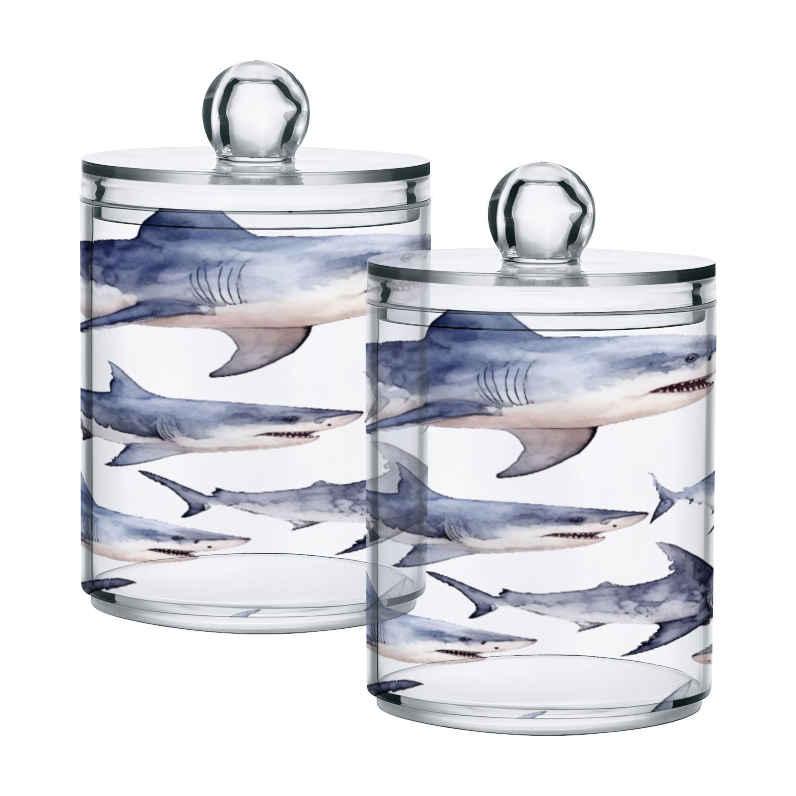 GOODOLD Cute Sharks Qtip Holder 2 Pack - 10 Oz Clear Plastic Apothecary Jar Set for Bathroom Organization - Versatile Canister Storage for Cotton Balls, Swabs, Rounds