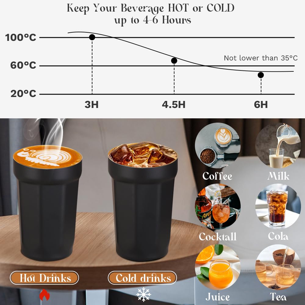 Coffee Travel Mug Spill Proof Leak Proof 15 oz,Insulated Coffee Mug with Lid,Best Coffee to Go Cups Reusable,Small Coffee Thermos No Handle for Men and Women for Hot & Cold Drinks-Black