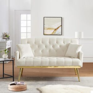 small velvet loveseat sofa, 55.5-inch modern sofa couch with with 2 side pockets, modern tufted sofa with golden metal legs, upholstered space saving love seat for living room, bedroom, office, beige