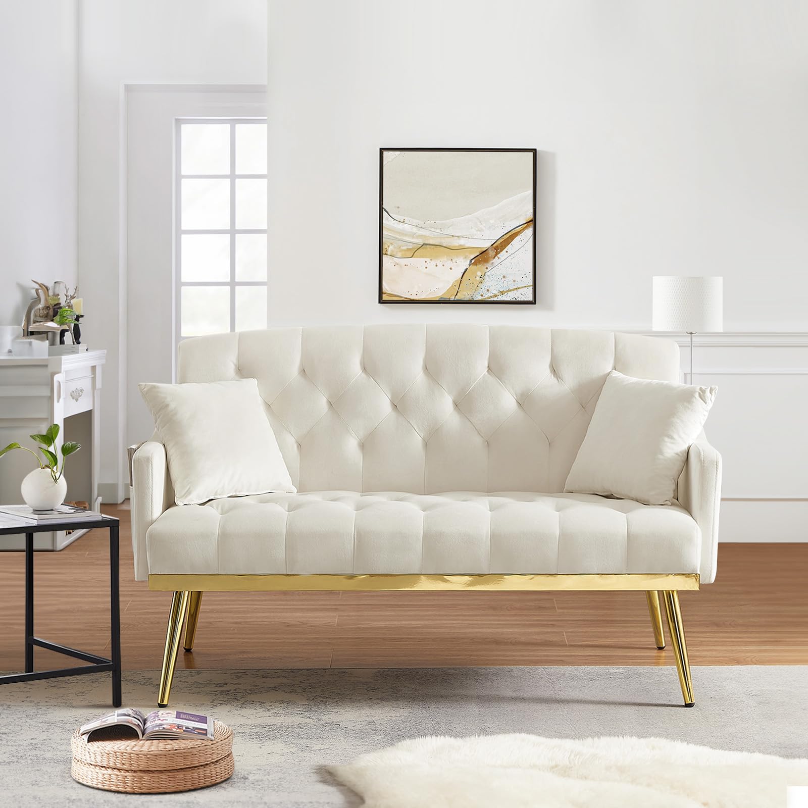 Small Velvet Loveseat Sofa, 55.5-inch Modern Sofa Couch with with 2 Side Pockets, Modern Tufted Sofa with Golden Metal Legs, Upholstered Space Saving Love Seat for Living Room, Bedroom, Office, Beige