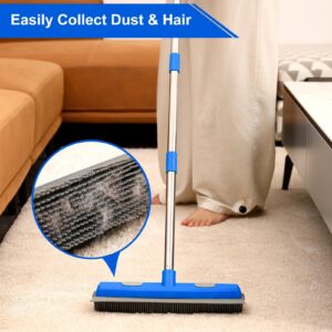 Rubber Broom Carpet Rake for Pet Hair Remover, Fur Remover Broom with Squeegee, Portable Detailing Lint Remover Brush, Pet Hair Removal Tool for Fluff Carpet, Hardwood Floor, Tile, Window (Blue)