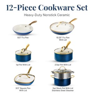 Gotham Steel 12 Pc Ceramic Pots and Pans Set Non Stick, Kitchen Cookware Sets, Pot and Pan Set, Ceramic Cookware Set, Non Toxic Cookware Set, Non Stick Pots and Pan Set, Dishwasher Safe - Cream Navy