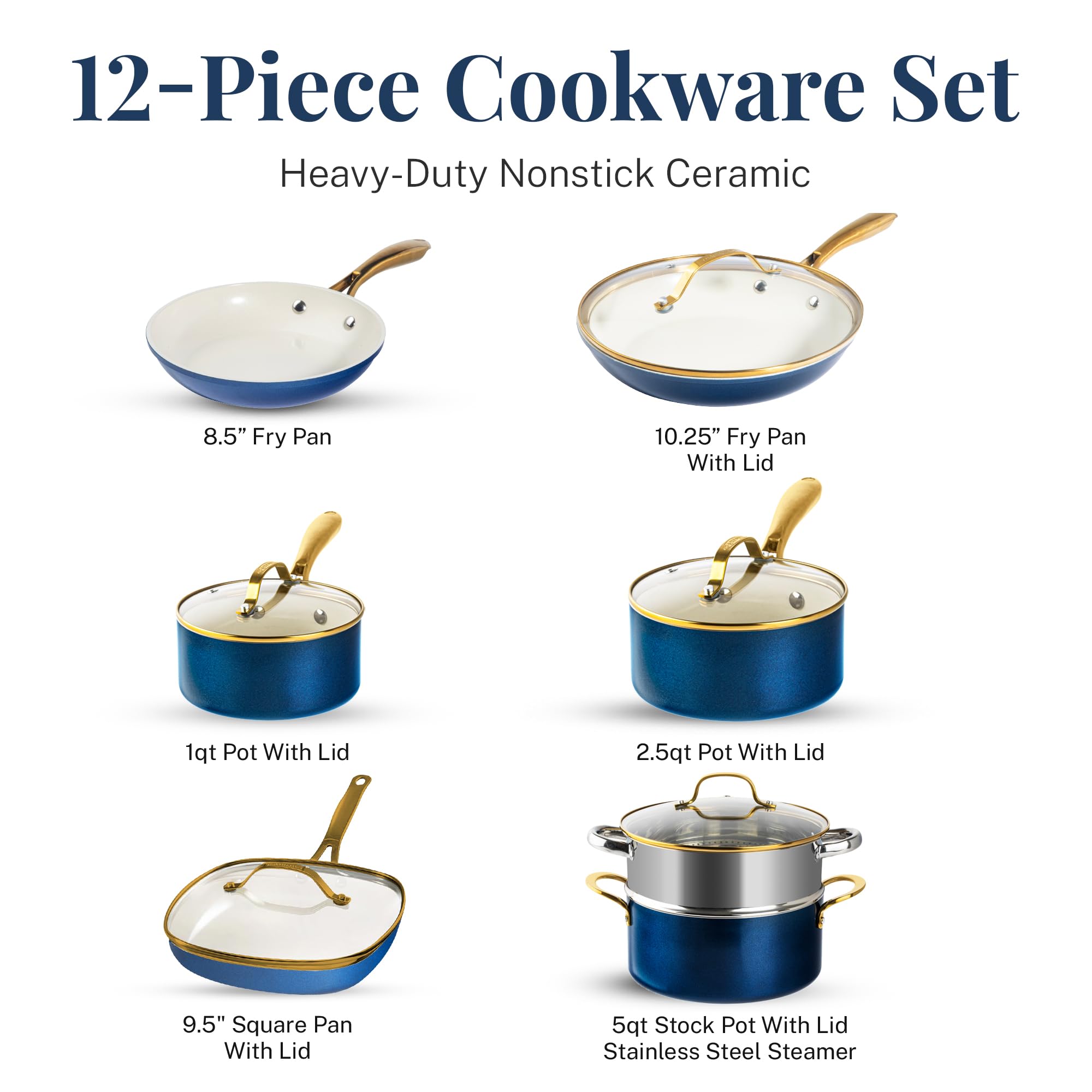 Gotham Steel 12 Pc Ceramic Pots and Pans Set Non Stick, Kitchen Cookware Sets, Pot and Pan Set, Ceramic Cookware Set, Non Toxic Cookware Set, Non Stick Pots and Pan Set, Dishwasher Safe - Cream Navy