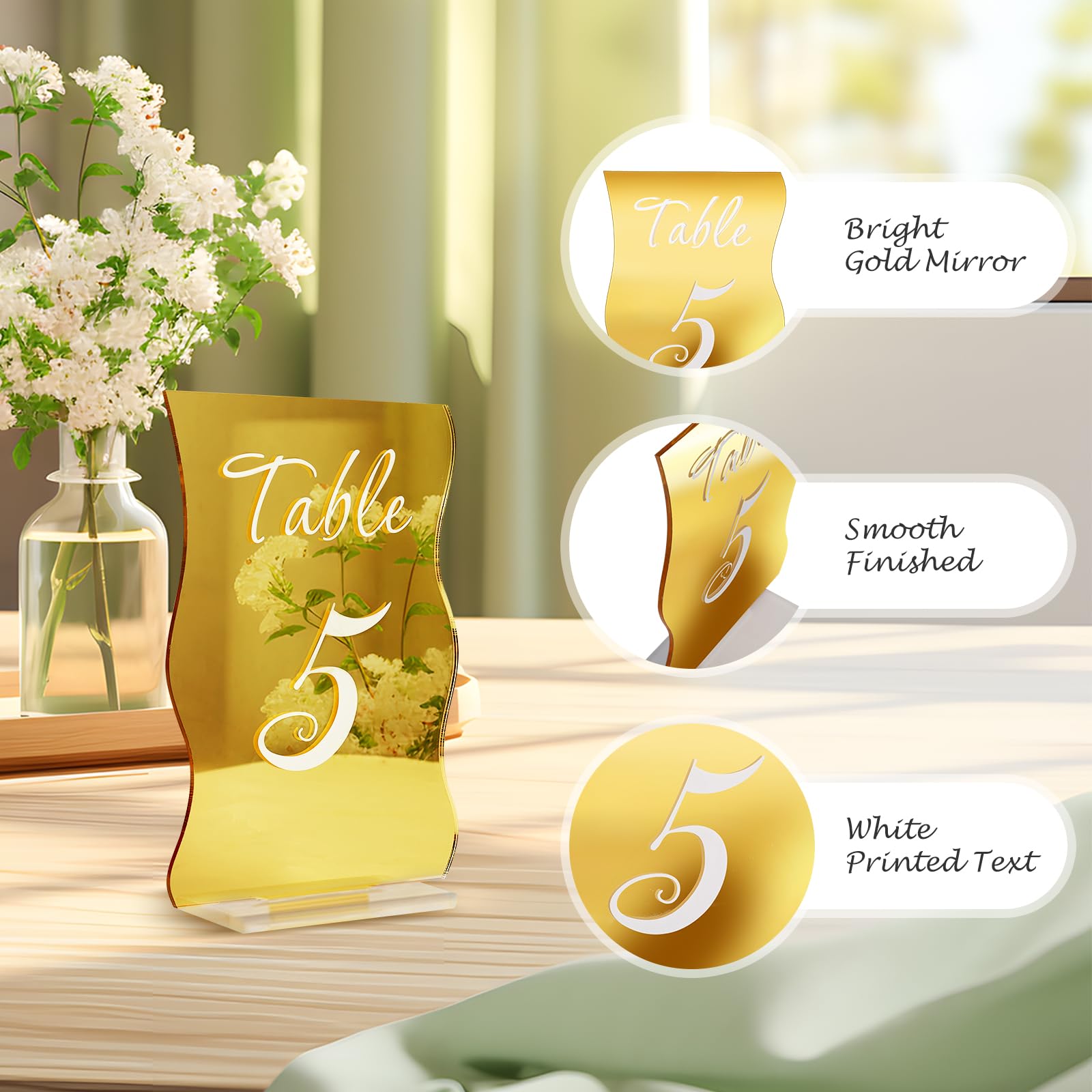 Gold Table Numbers 1-10 with Stands Holders 4.5"x6.7" Wave Elegant Wedding Acrylic Table Numbers Large Modern Mirror Table Number Signs for Party(Gold White Fonts,pack of 10)