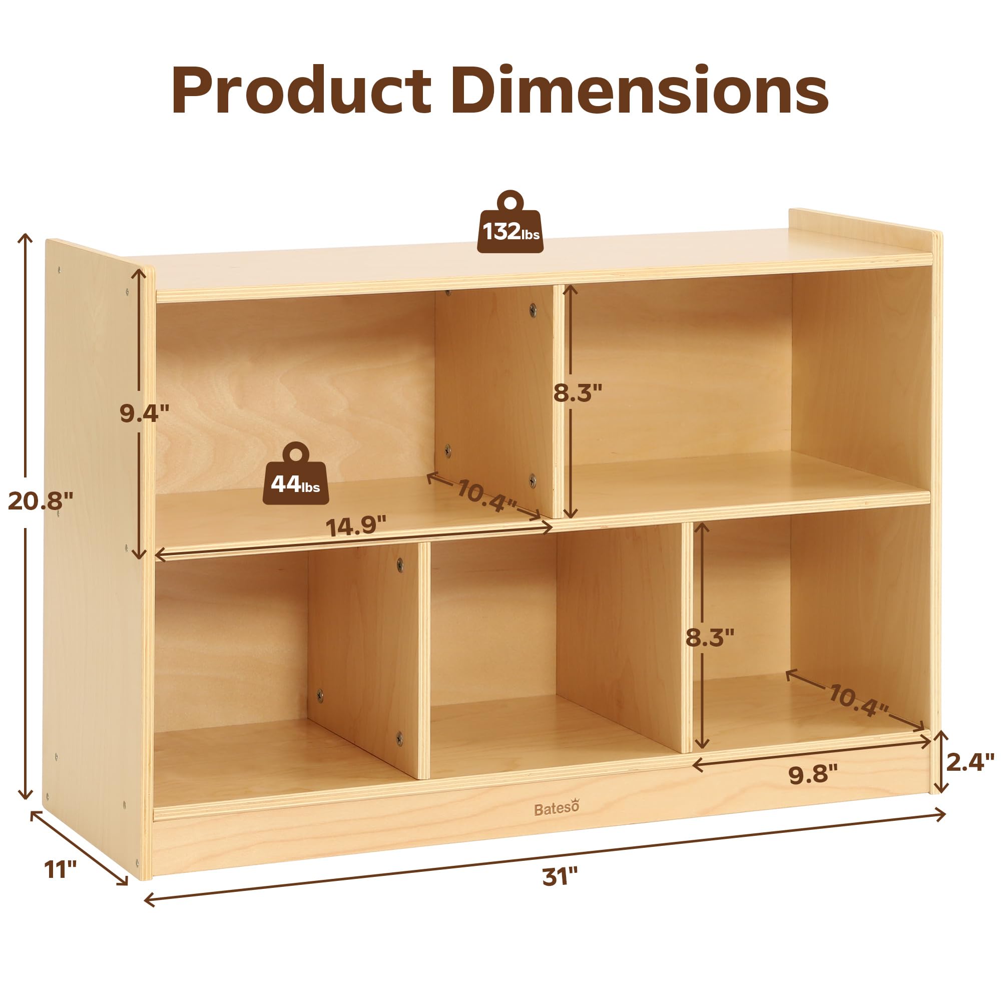 Bateso Toy Storage Organizer for Kids, 5-Compartment Wooden Toy Storage Cabinet, Montessori Bookshelf for Books & Toys, 2-Tier Kids Bookcase & Toy Shelf for Kids' Room, Playroom, Classroom, Nursery