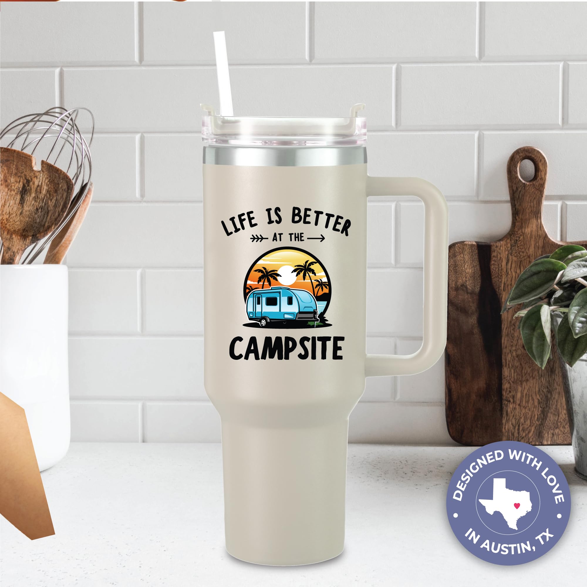 KEDRIAN Camping Tumbler 40oz, Cool Camping Birthday Gifts for RV Campers, Happy Camper Tumbler, Camping Tumbler with Lid, Camping Gifts Ideas, Happy Camping Gifts for Campers