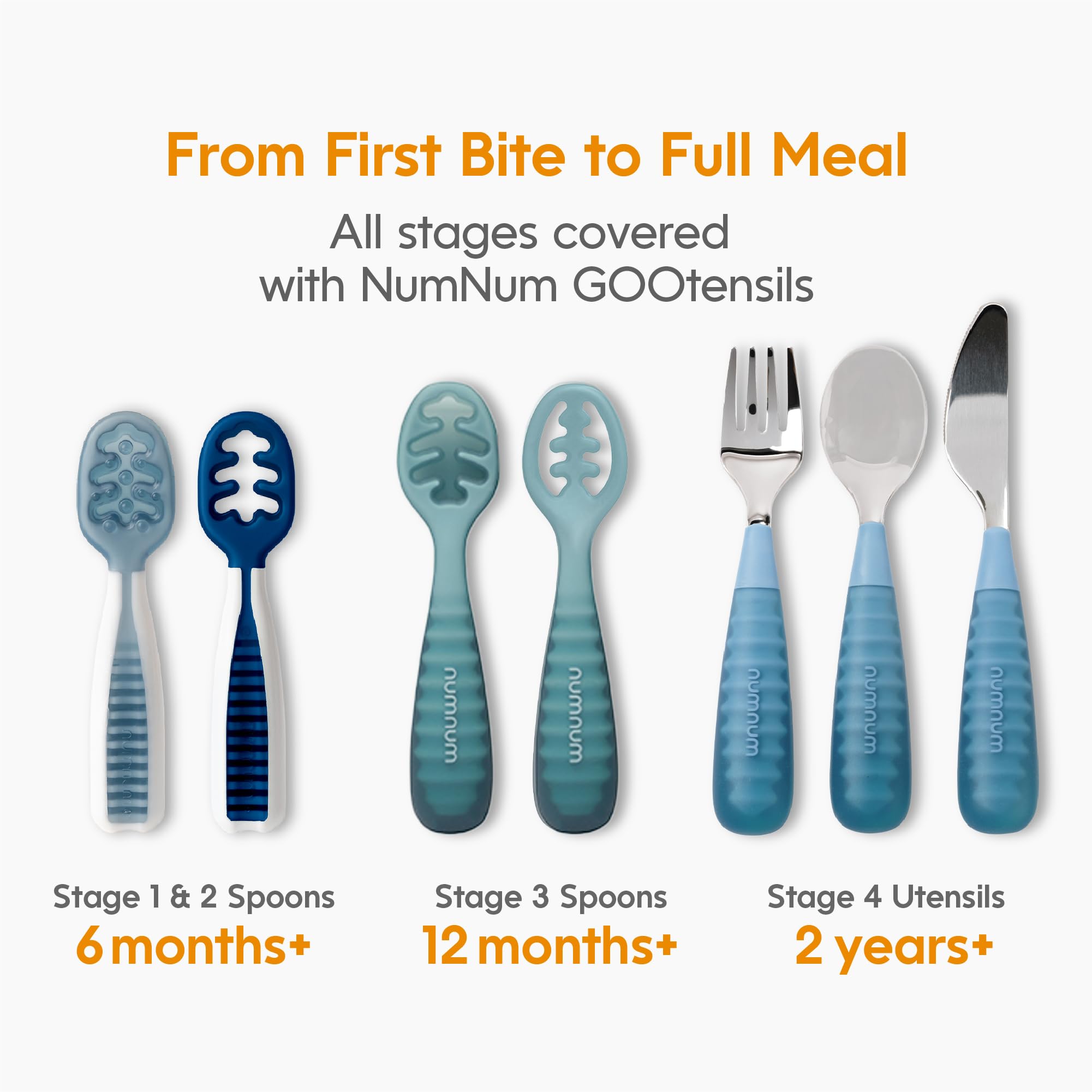 NumNum Toddler Utensils, Pre-Spoon, Fork & Spoon GOOtensils - 4th Stage Silverware for Kids Aged 2+ Years w/Stainless Steel Heads - Silicone Food Feeding Supplies - Set of 4, Pacific Blue & Sea Green