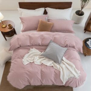 MADELUO Duvet Cover, 100% Cotton Washed Duvet Cover, Linen-Like Duvet Cover Set for All Season-3 Pieces, Greyish Pink, Queen