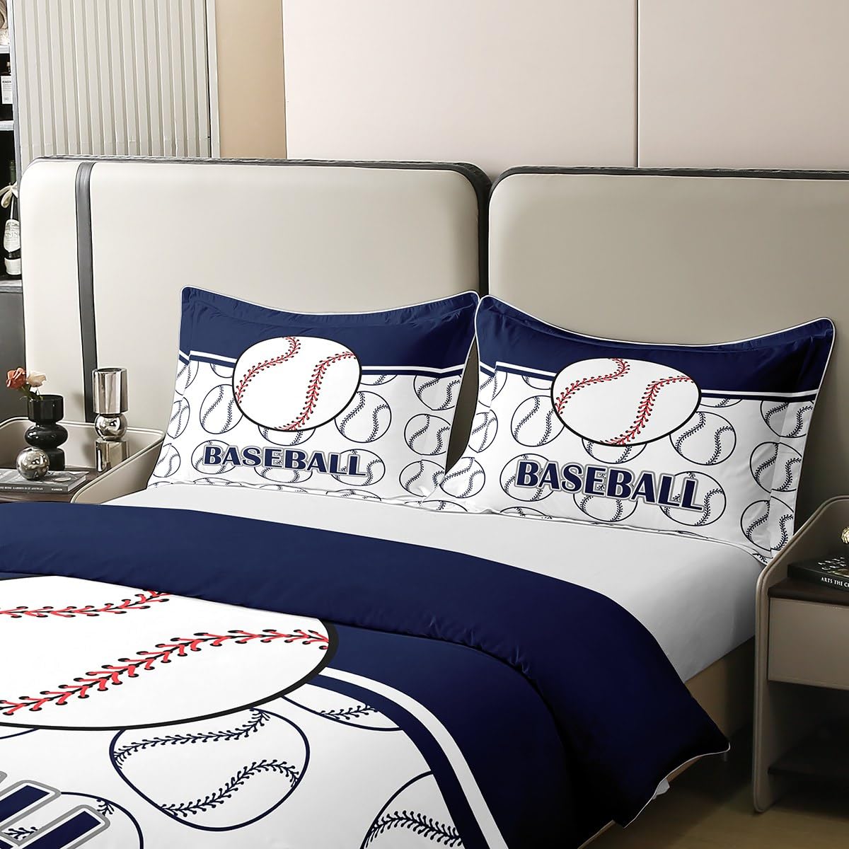 Baseball 100% Nature Cotton Duvet Cover,Hand Drawn Baseball Pattern Print Ball Game Bedding Set for Room Decor,Sport Theme Kids Adults Baseball All Season Bedding with Zipper Closure Full Size