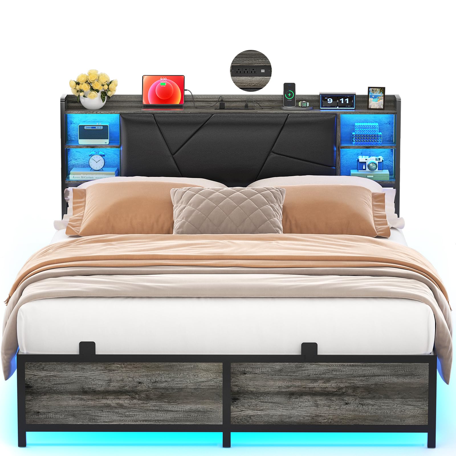 Unikito Full Size Bed Frame with Upholstered Headboard, Charging Station and RGB LED Lights, Stable Platform Bed, Heavy Duty Metal Slats, Noise Free, No Box Spring Needed, Easy to Assemble, Black Oak