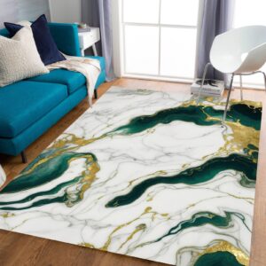 Marble Swirl Modern Abstract Emerald Green Grey Gold Area Rug for Living Room Bedroom Ultra Soft Wool Carpet Under Dining Table Lux Aesthetic Home Office Carpets 5x7