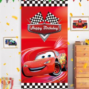 Generic 36x72inch Racing Car Cartoon Birthday Banner Cars Story Race Party Door Cover Black White Grid Flag Children Boys Happy Birthday Decoration Supplies, red