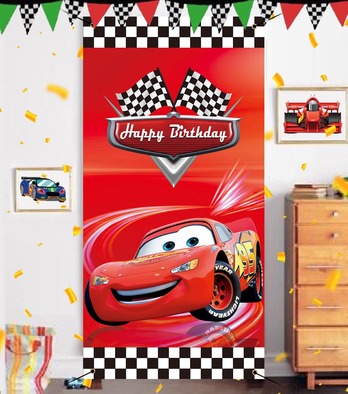 Generic 36x72inch Racing Car Cartoon Birthday Banner Cars Story Race Party Door Cover Black White Grid Flag Children Boys Happy Birthday Decoration Supplies, red