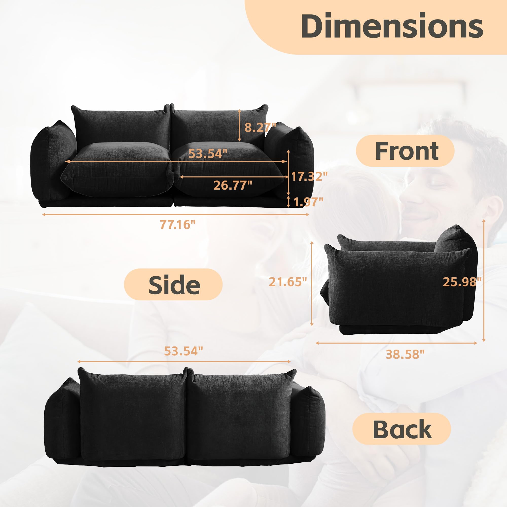 BOKIFOL Modular Sectional Sofa,77.16inch Minimalist Sofa Couch,Convertible Couch, Lovesofa Chenilleyarn 2 Seat Modern Living Room Sofa Sets for Office House